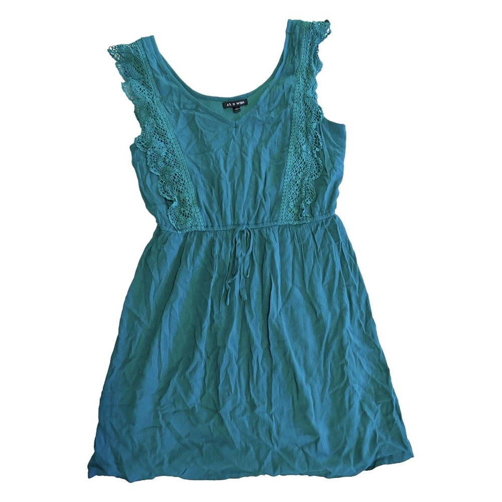 As U Wish Teal Fit Flare Dress Crochet Detail Sleeveless Elastic Waist NWT L